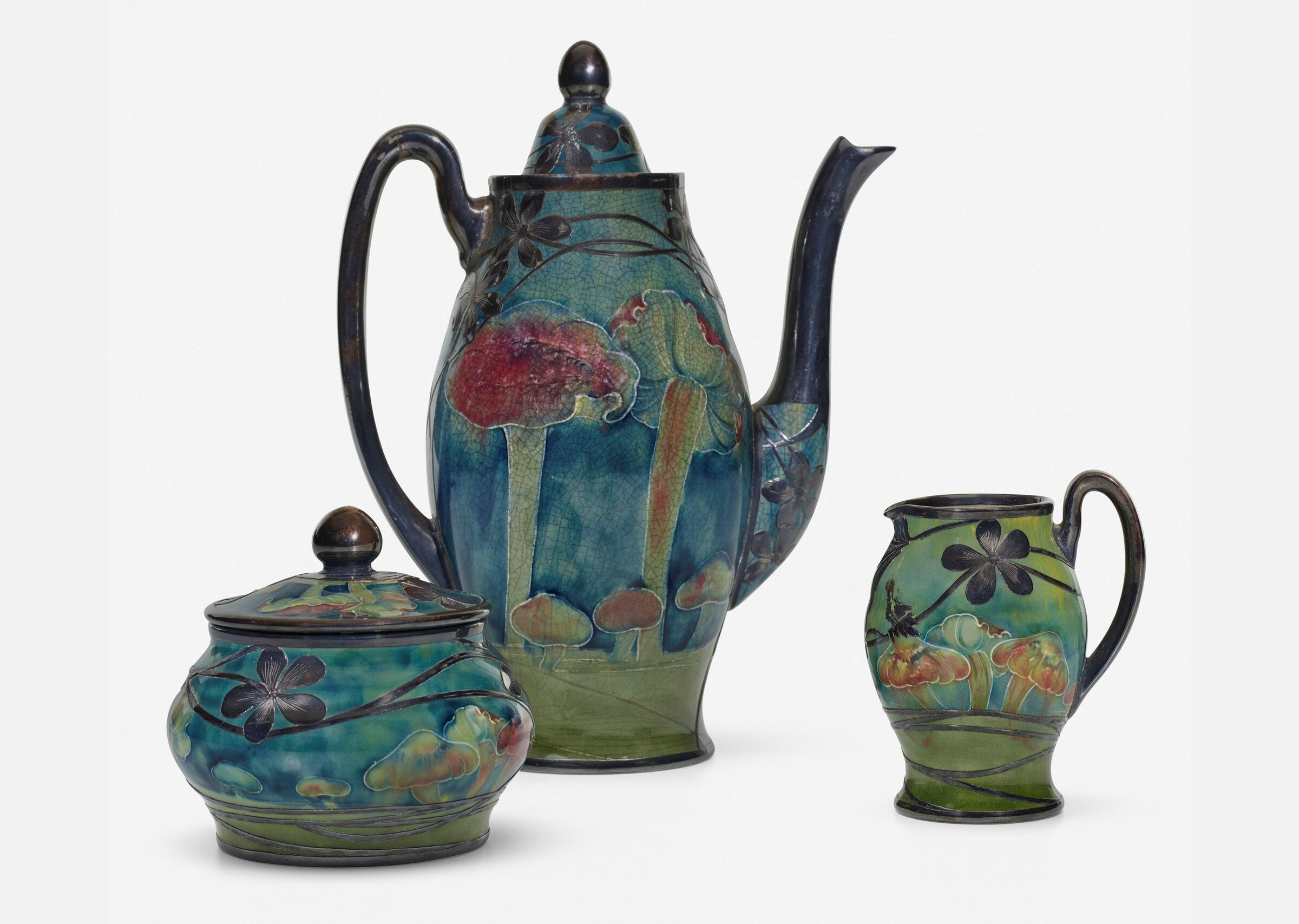 William Moorcroft for James Macintyre & Co., Rare three-piece Claremont coffee set with toadstools and overlay William Moorcroft for James Macintyre & Co., Rare three-piece Claremont coffee set with toadstools and overlay