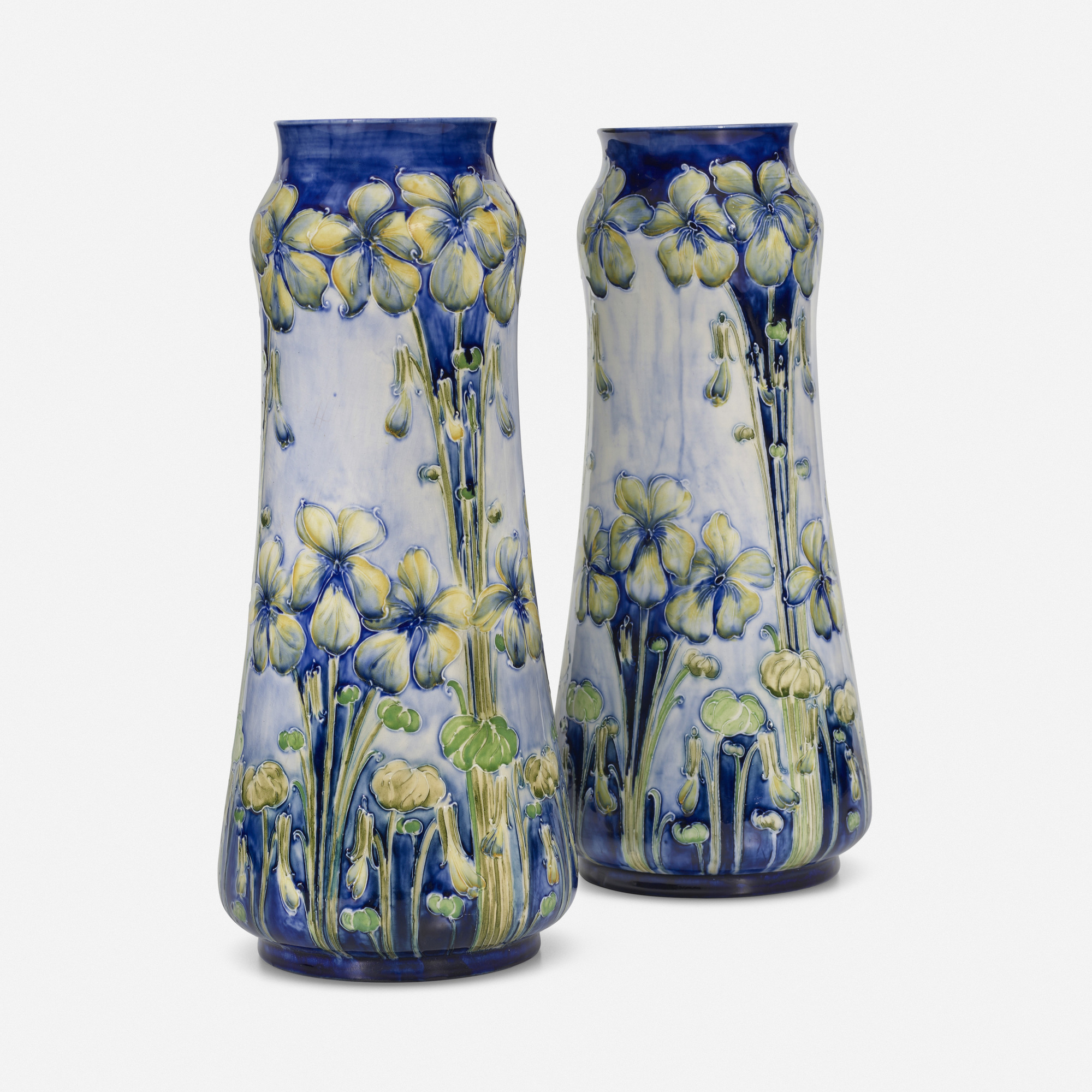 William Moorcroft for James Macintyre & Co., Florian Ware vases with violets, pair