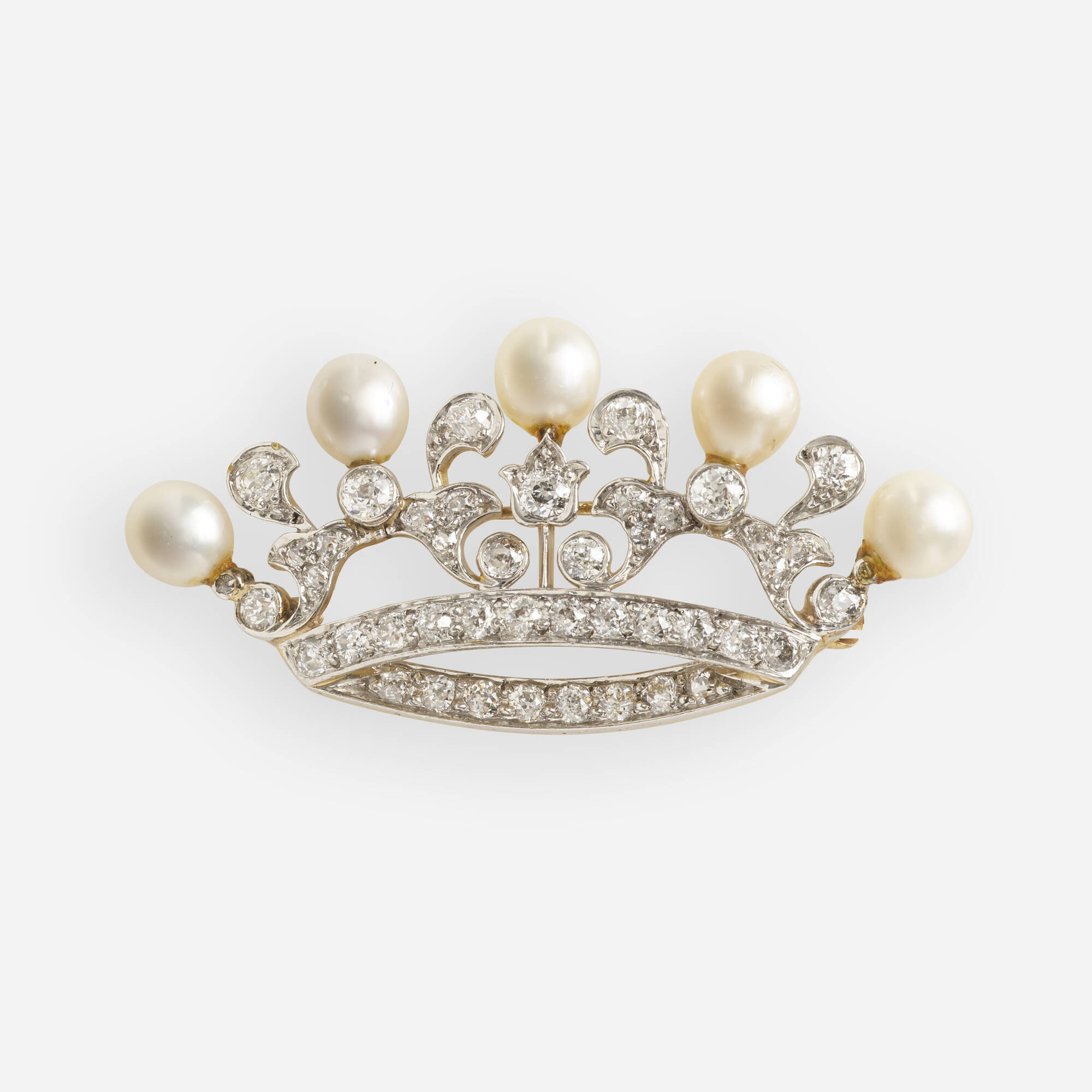 116: Antique diamond and cultured pearl crown brooch