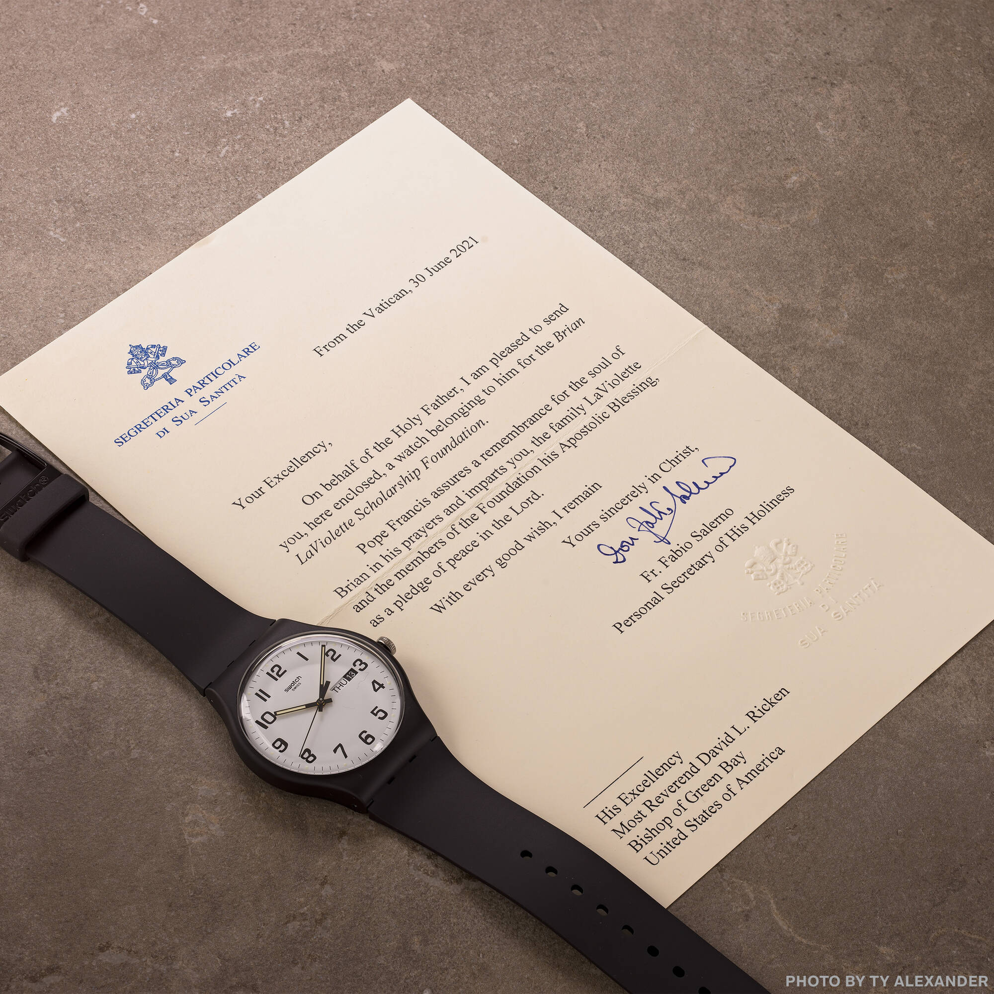 148 SWATCH FROM POPE FRANCIS plastic wristwatch Ref SR1130SW GB743 Watches including the Brian LaViolette Scholarship Foundation Benefit Lots 30 November 2022 Auctions Rago Auctions