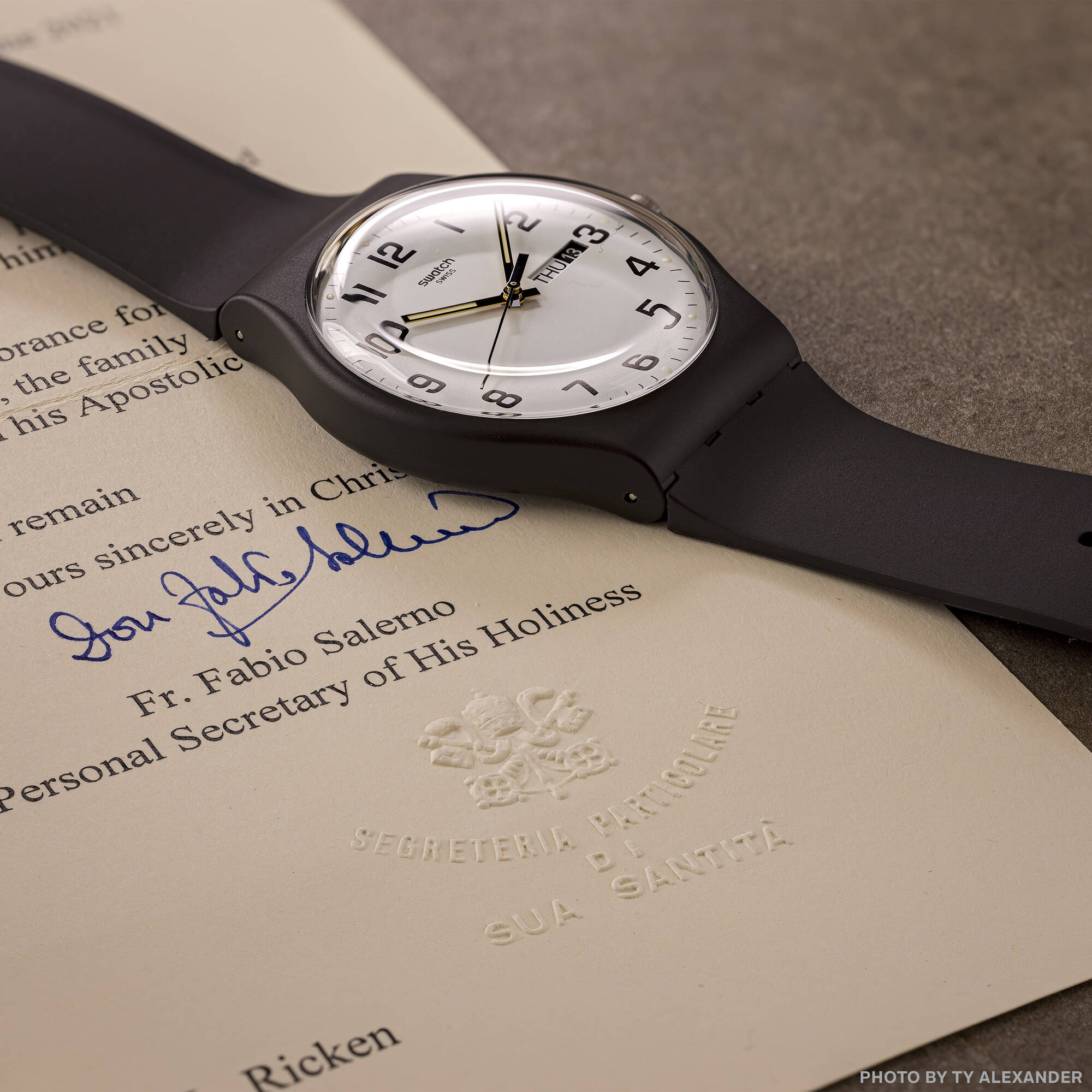 148 SWATCH FROM POPE FRANCIS plastic wristwatch Ref SR1130SW GB743 Watches including the Brian LaViolette Scholarship Foundation Benefit Lots 30 November 2022 Auctions Rago Auctions