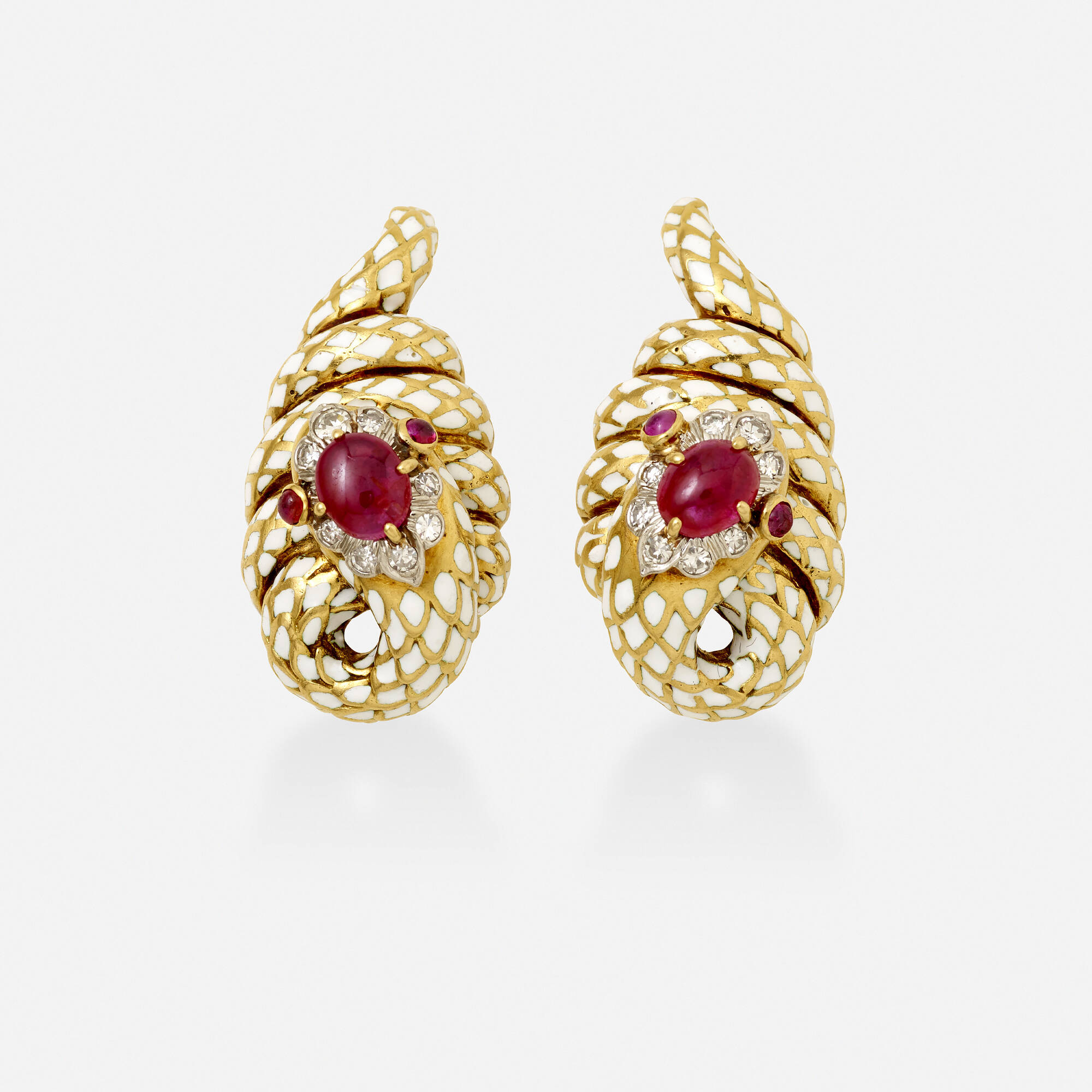 164 DAVID WEBB Coiled Snake diamond ruby and enamel earrings Fall Jewelry 20 October 2021 Auctions Rago Auctions