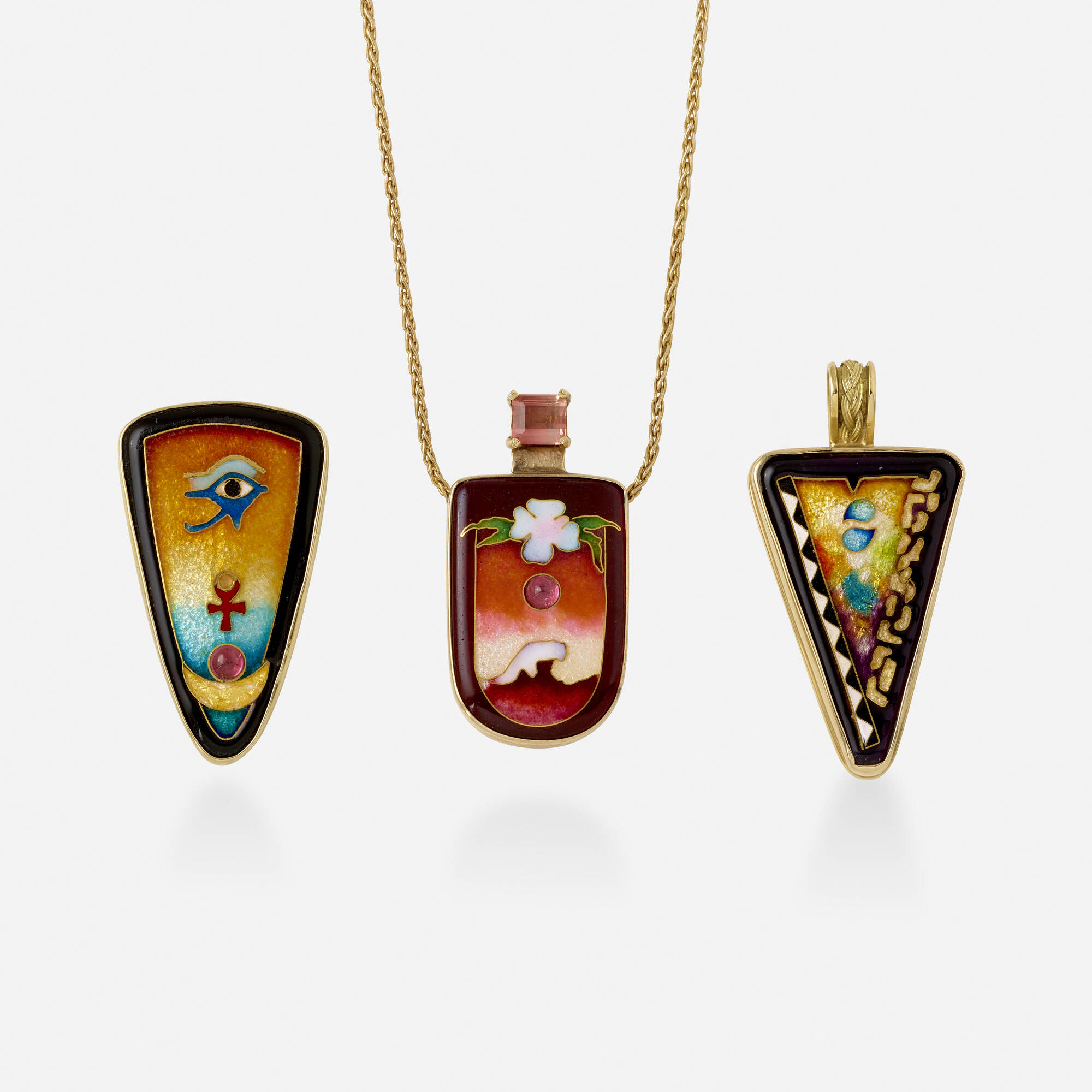263 MAGICK Three enamel and gold pendants with chain necklace Jewelry Precious Objects 29 November 2022 Auctions Rago Auctions