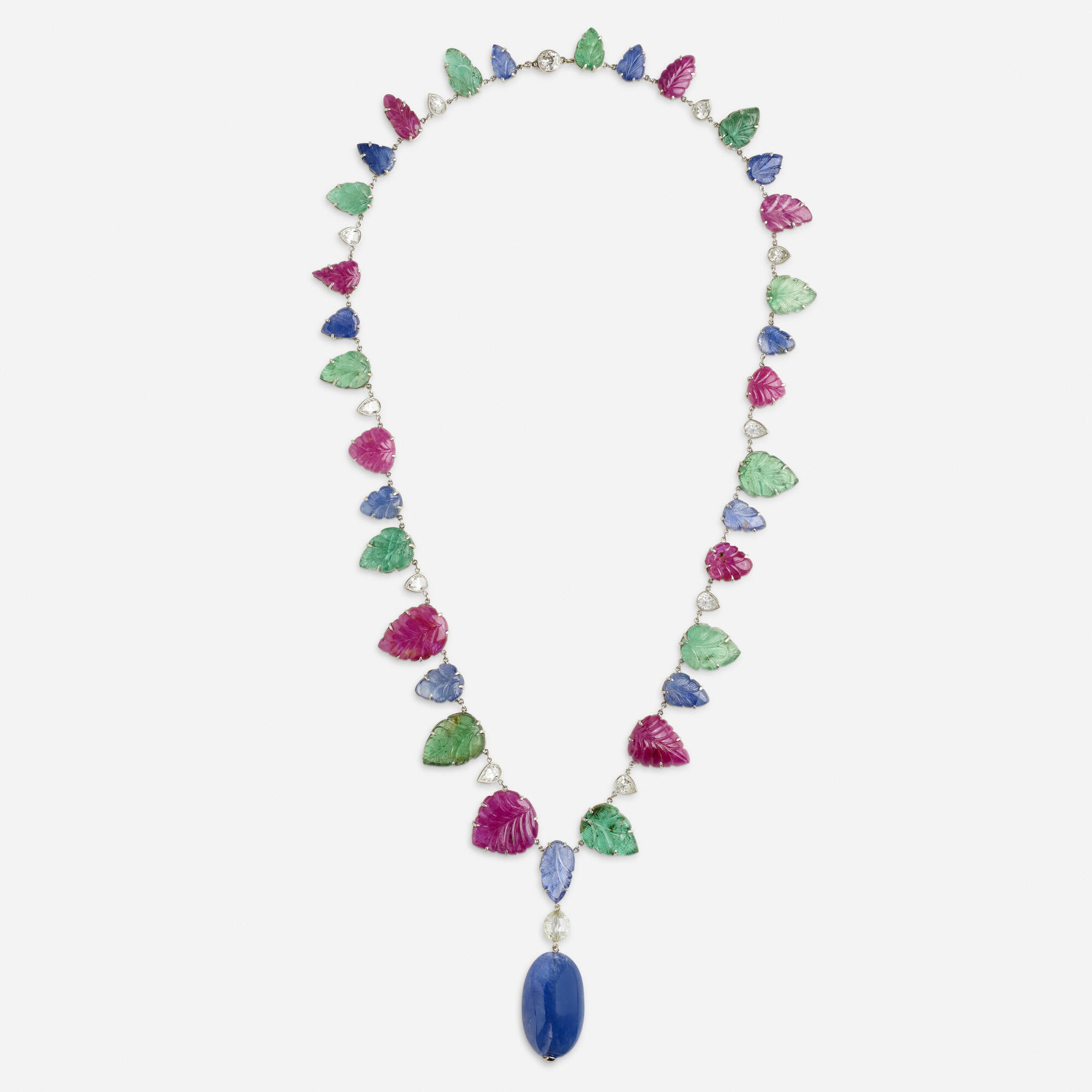 268: Carved ruby, sapphire, emerald and diamond sautoir necklace
